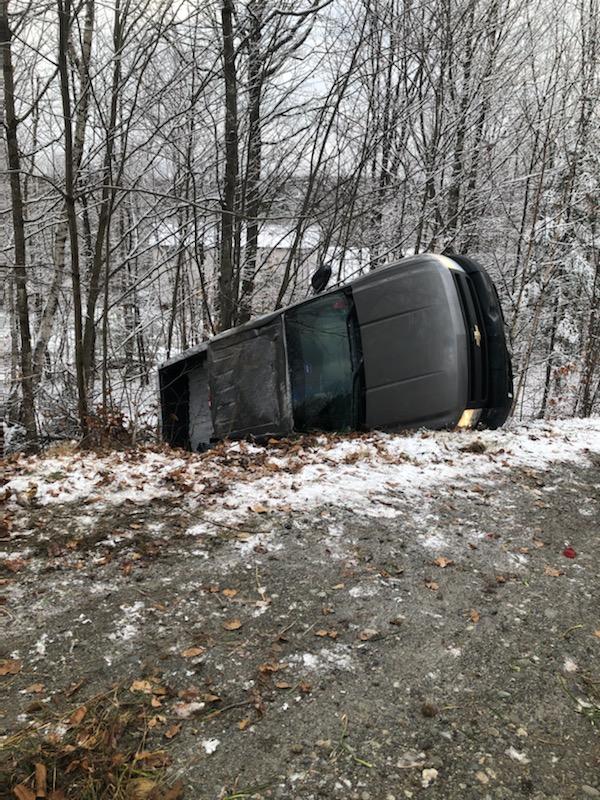 Aidan Louder, 19, of Cornville, rolled off the East Ridge Road in Skowhegan on Friday after hitting black ice. 