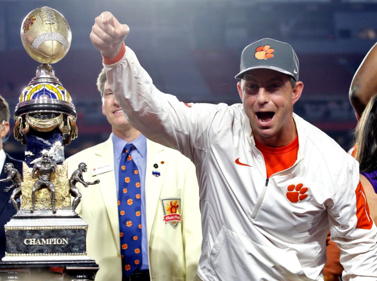 Clemson and its coach, Dabo Swinney, stepped into the forefront of college football at the Fiesta Bowl in 2016, a college football playoff semifianl against Ohio State. Clemson won 31-0 , and Ohio State has been trying to recover ever since.