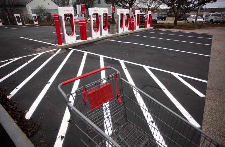 A Tesla car charging station near Hannaford in Portland stands at the ready. 
