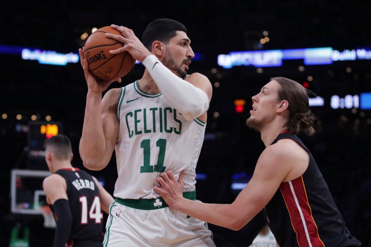 Enes Kanter, left, has not left the United States for years because he had his passport revoked by the Turkish government. Kanter, an outspoken critic of Turkish President Recep Tayyip Erdogan, says he will be able play for the Celtics in Canada on Christmas.