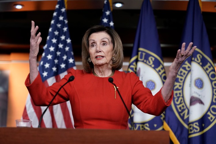 House Speaker Nancy Pelosi, D-Calif., meets with reporters at the Capitol in Washington on Thursday. Pelosi said the new trade agreement with Mexico and Canada was "light years" ahead of what the administration negotiated with Canada and Mexico. "We knew we could do better," Pelosi said.