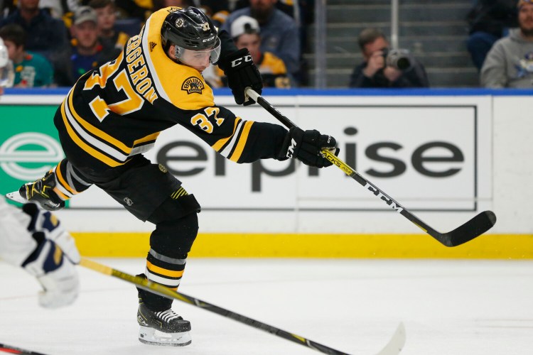 Bruins forward Patrice Bergeron takes a shot during Boston's 3-0 win over the Buffalo Sabres on Friday in Buffalo New York. Bergeron scored twice.
