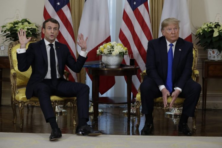 President Donald meets French President Emmanuel Macron at Winfield House, Tuesday, Dec. 3, 2019, in London. 