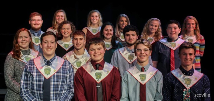 The 2019 National Honor Society Inductees from Cony High School include, front from left, Jack Rodrigue, Elijah Bezanson, Jack Begin and Kyle Douin. Second row from left are Molly Dutil, Logan Butler and Gage Bernstein. Third row from left are Hannah Richardson, Brooklynn Merrill and Eric McDonnell. And the back row from left are 
Hunter Davis, Amanda Jorgensen, Tessa Jorgensen, Madeline Levesque, Anna Reny and Julia Reny.