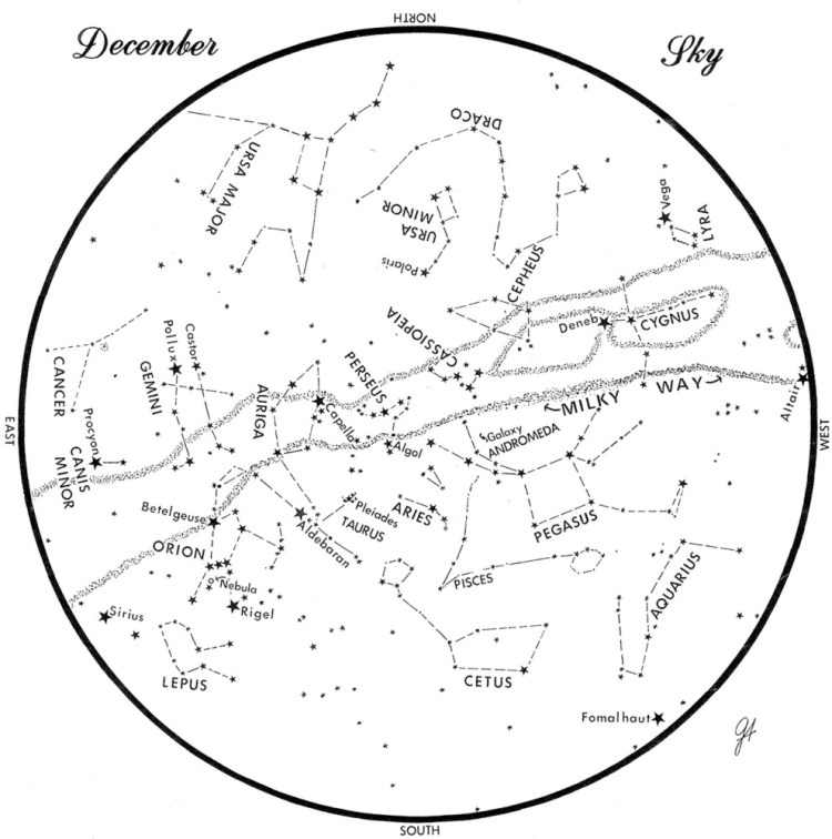 SKY CHART:  This chart represents the sky as it appears over Maine during December.  The stars are shown as they appear at 9:30  p.m. early in the month, at 8:30 p.m. at midmonth and at 7:30 p.m. at  month’s end.  No planets are visible at chart times.  To use the map, hold it vertically and turn it so that the direction you are facing is at the bottom.  