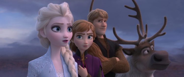 From left: Elsa, voiced by Idina Menzel; Anna, voiced by Kristen Bell; Kristoff, voiced by Jonathan Groff; and Sven in a scene from the animated film "Frozen 2."