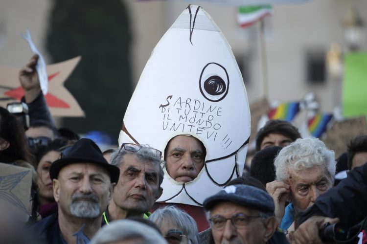 "Sardines", an Italian grass-roots movement against right-wing populism, protest against populist leader Matteo Salvini in St. John at the Lateran Square in Rome on Saturday.