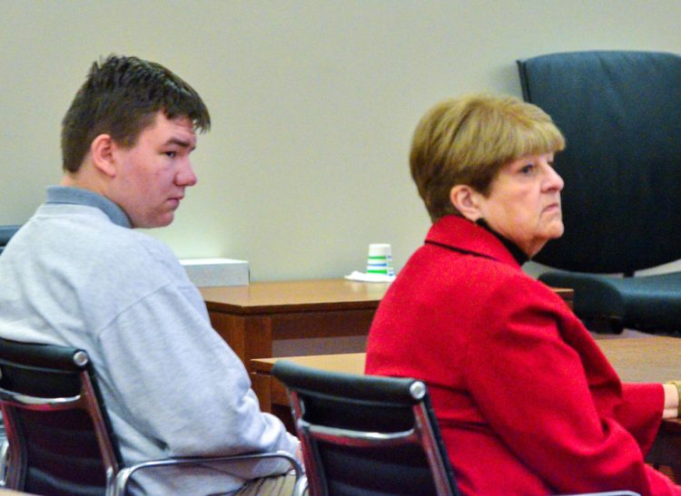 Lukas Mironovas, left. and attorney Pamela Ames are seen Thursday morning during Mironovas's sentencing hearing at the Capital Judicial Center in Augusta. Mironovas, 16, was sentenced to 33 years in prison in connection with the killing of his mother. 