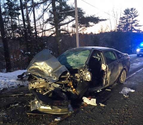 Slippery road conditions and blinding sunlight were apparently part of the cause of a head-on collision Thursday between a pickup truck and a car on River Road in Norridgewock. 
