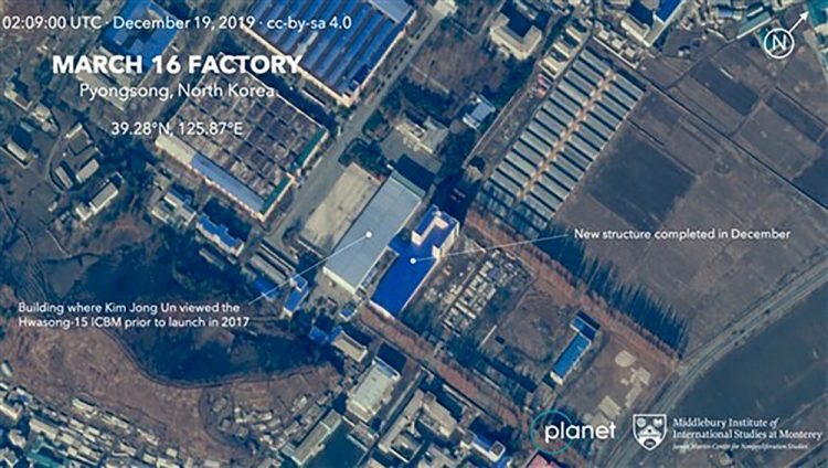 This Dec. 19 satellite image from Planet Lab Inc., that has been analyzed by experts at the Middlebury Institute of International Studies, shows the March 16 Factory in Pyongsong, near Pyongyang, where North Korea manufactures military trucks used as mobile launchers for long-range missiles. This new satellite image on a North Korean missile-related site shows the construction of a new structure this month. ( AP)