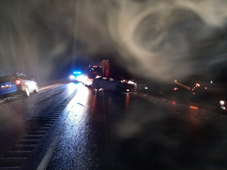 Nine passenger vehicles, a wrecker and a tractor-trailer truck were involved in a chain reaction crash on Interstate 95 in Pittsfield and Palmyra Friday night as freezing rain caught motorists by surprise, police said. 
