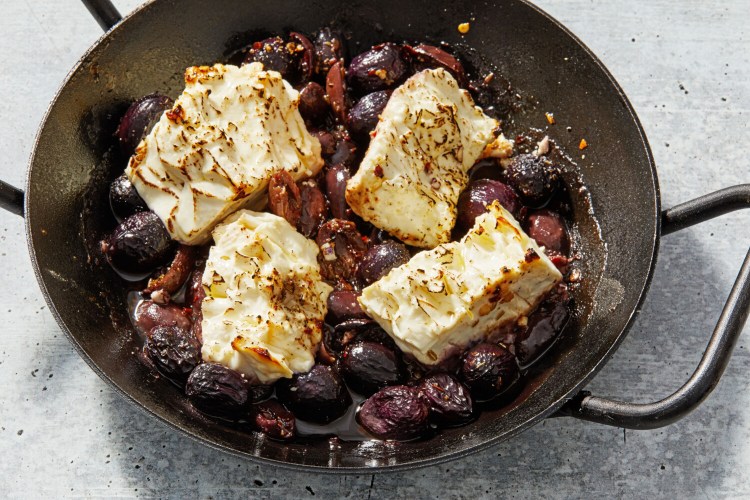 Roasted Feta with Grapes and Olives. An easy-peasy appetizer.