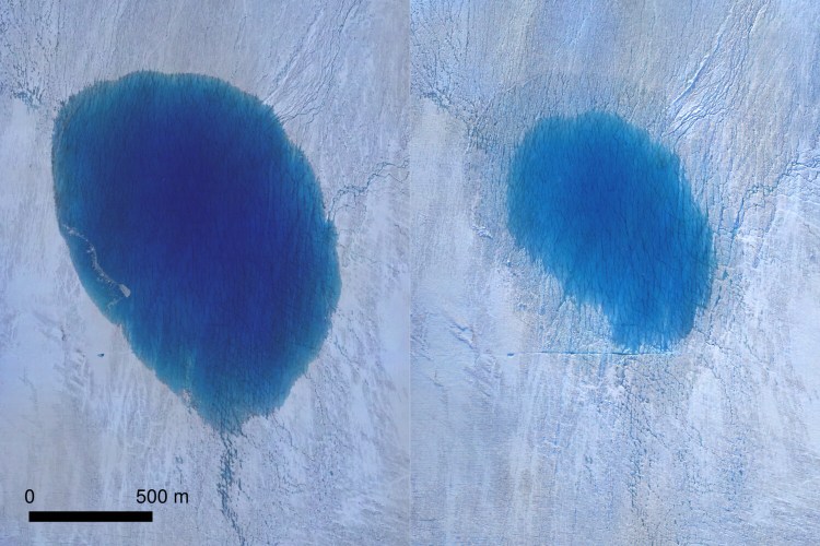 This is an aerial view of a lake on the Greenland ice sheet before. left, and after drainage.