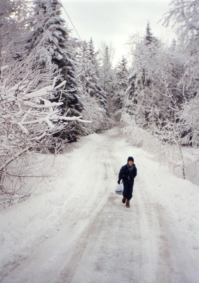 Jack Wilde walks up through the Troy woods toward civilization in January 2002. Dana Wilde photo