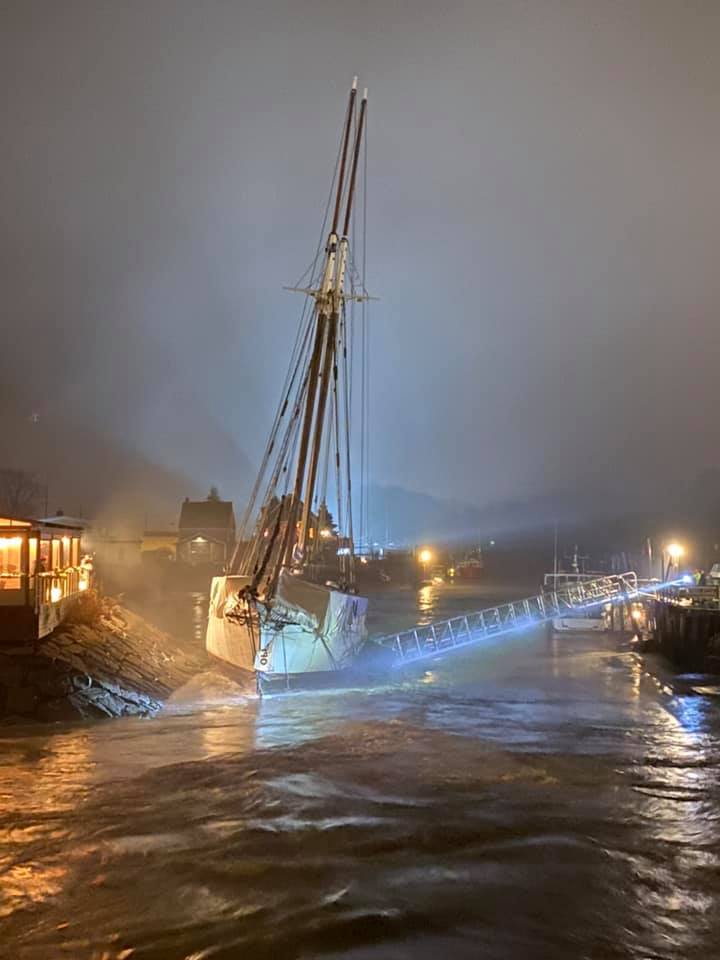 The Spirit of Massachussets floating restaurant was torn from the shore of the Kennenbunk River during Saturday's outgoing tide.
