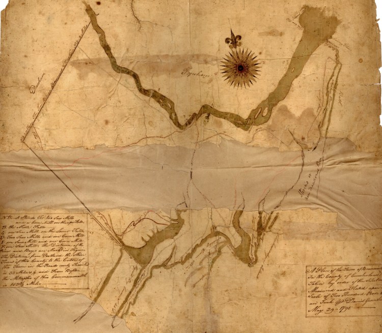 Map of the town of Brunswick, including Steven's or New Meadows River, May 29, 1795. Commissioned by the Pejepscot Purchase Company. 
