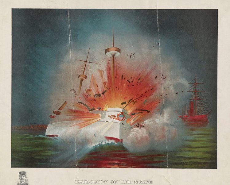 Print of the U.S.S. Maine blowing up in the harbor at Havana, Cuba; a small portrait of Capt. C.D. Sigsbee decorates the lower left margin. Print published June 21, 1898.



