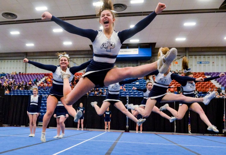 Portland competes in Class A North regional cheering on Saturday at the Augusta Civic Center. 