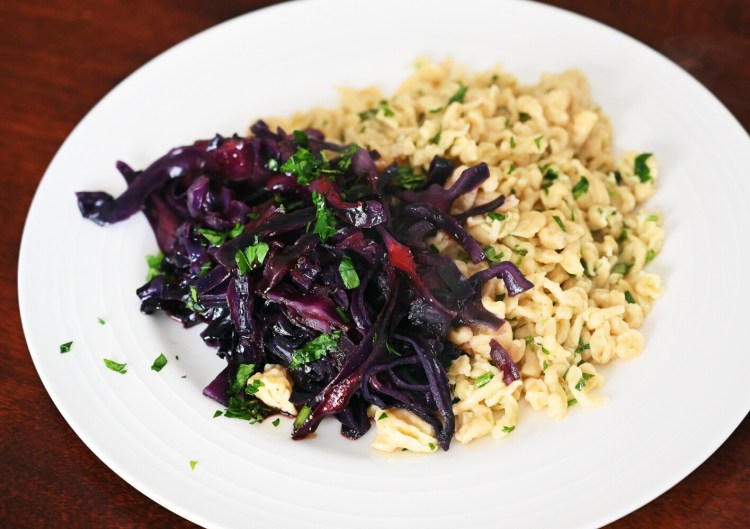 Braised Red Cabbage with Mustard Spaetzle 