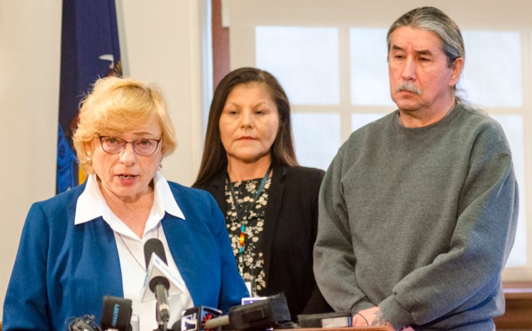 Gov. Janet Mills announces a posthumous pardon of attorney Donald Gellers, who worked with the Passamaquoddy tribe, on Tuesday at the State House. With her are Passamaquoddy Tribal Rep. Rena Newell and Vice Chief Darrell J. Newell of the Passamaquoddy tribe at Indian Township.