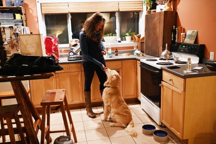 Willa Wirth gives  Tommy a treat at their home in Portland on Tuesday. 