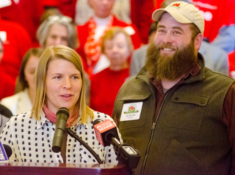 Hannah Hamilton and her husband, Jim Buckle, owners of The Buckle Farm in Unity, speak at a news conference Tuesday about a bill to provide funding for broadband internet Infrastructure in rural parts of Maine. Jim Buckle said modern day agriculture depends on a high-speed connection to the internet.