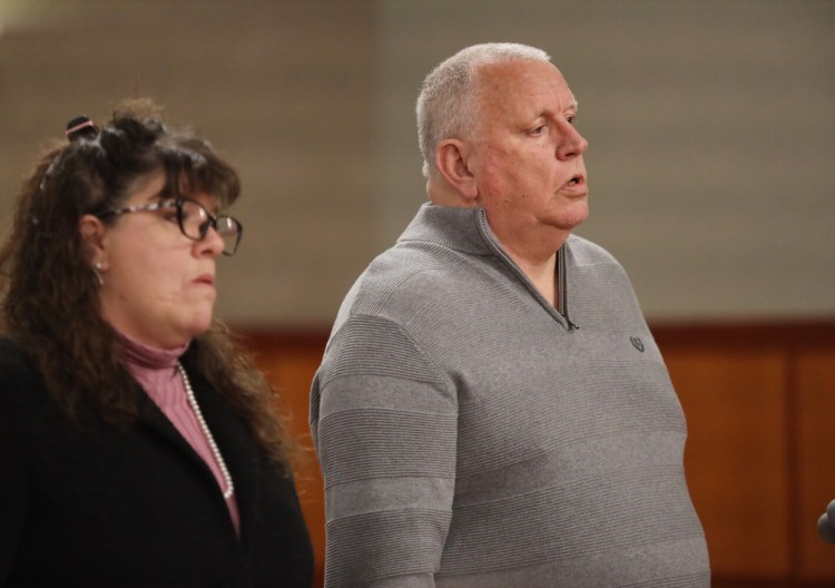 Kenneth Morang, a former corrections officer, pleaded not guilty Monday to manslaughter in a crash that killed a 9-year-old girl in Gorham in July. Morang told police he fell asleep at the wheel after a series of overtime shifts at the jail in the preceding days. Standing next to Morang in court is his attorney, Amy Fairfield.