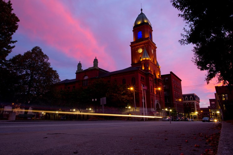 Lewiston City Hall at dusk. 