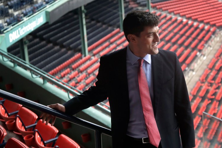 Boston Red Sox's Chaim Bloom looks out at Fenway Park in Boston, Monday, Oct. 28, 2019, after it was announced he will be the baseball team's Chief Baseball Officer. In this role, Bloom will be responsible for all matters of baseball operations. (AP Photo/Elise Amendola)