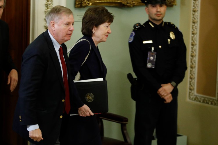 Sen. Lindsey Graham, R-S.C., left, and Sen. Susan Collins, R-Maine, arrive for the trial of President Trump at the Capitol on Tuesday in Washington. 