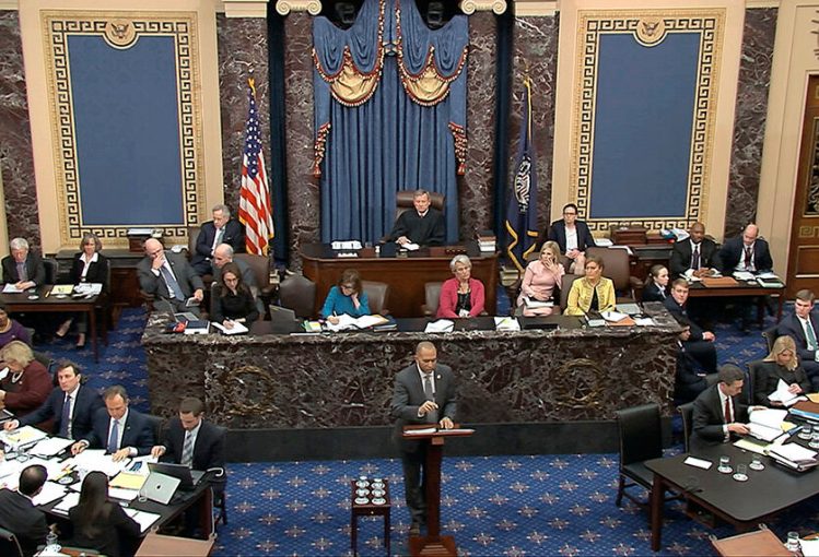 House impeachment manager Rep. Hakeem Jeffries, D-N.Y., speaks Friday during the impeachment trial of President Trump. The Democrats concluded their case for removing the president. The defense will begin Saturday.