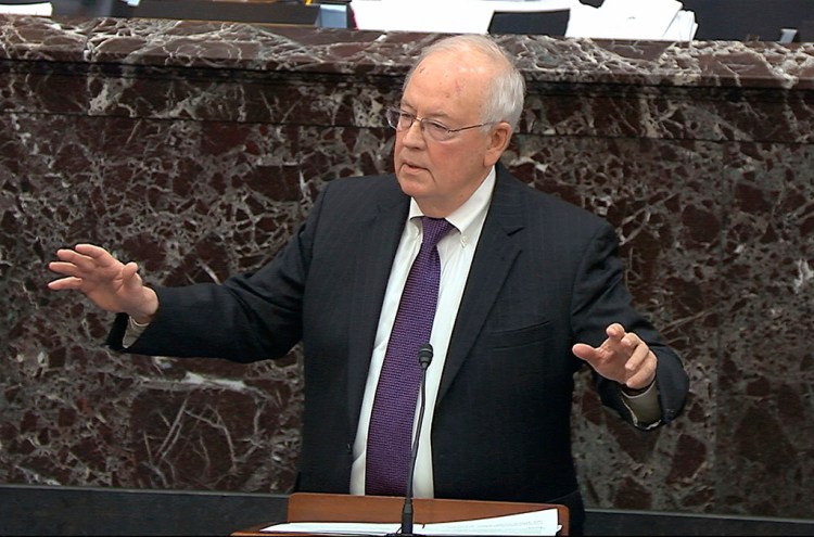 In this image from video, Ken Starr, an attorney for President Trump, speaks Monday during the impeachment trial in the Senate.