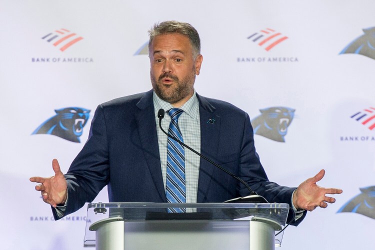 Matt Rhule talks to the media after being introduced as the new coach of the Carolina Panthers on Wednesday, in Charlotte, N.C. 