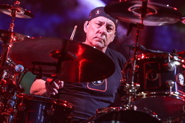 Neil Peart of Rush performs during the final show of the R40 Tour in 2015 in Los Angeles. 
