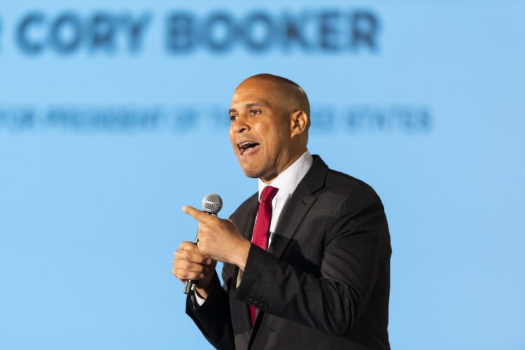 In this June 6, 2019 file photo, Democratic presidential candidate Sen. Cory Booker, of New Jersey, speaks during the African American Leadership Council Summit in Atlanta. 