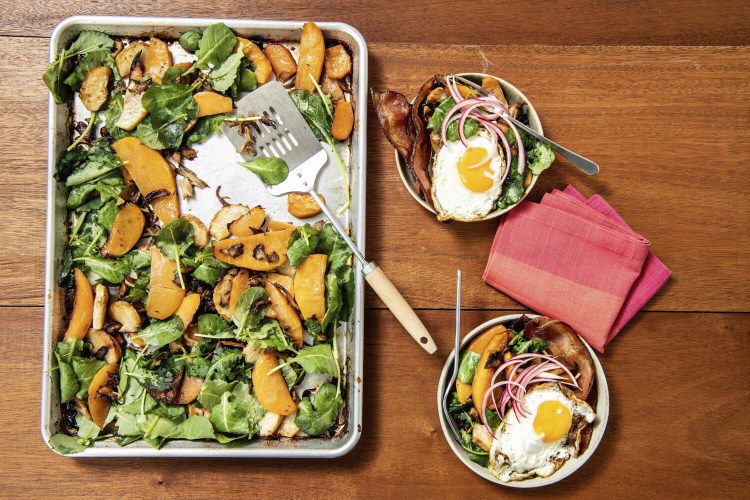 Indulge: Hearty rutabaga and mushroom hash, basted in bacon fat and served with fried eggs.