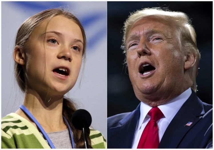 This combination photo shows Swedish climate activist Greta Thunberg speaking at the COP25 summit in Madrid, Spain on Dec. 11, 2019, left, and President Donald Trump speaking at a campaign rally in Battle Creek, Mich. on Dec. 18, 2019. 