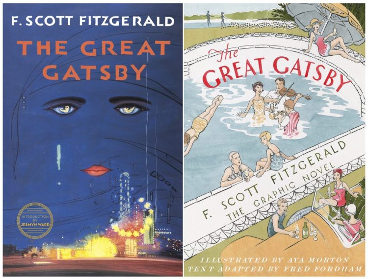 This combination of cover images released by Scribner shows the 2018 cover image of the novel "The Great Gatsby" by F. Scott Fitzgerald, left, and "The Great Gatsby: The Graphic Novel,"  with illustrations by Aya Morton and adapted text by Fred Fordham. 