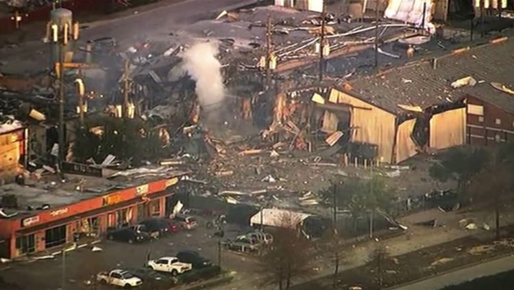 This aerial photo taken from video provided by KTRK-TV shows damage to buildings after an explosion in Houston on Friday, Jan. 24.