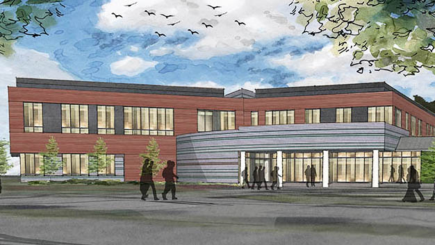 An artist's rendering shows a design for the future business college building at Husson University in Bangor.