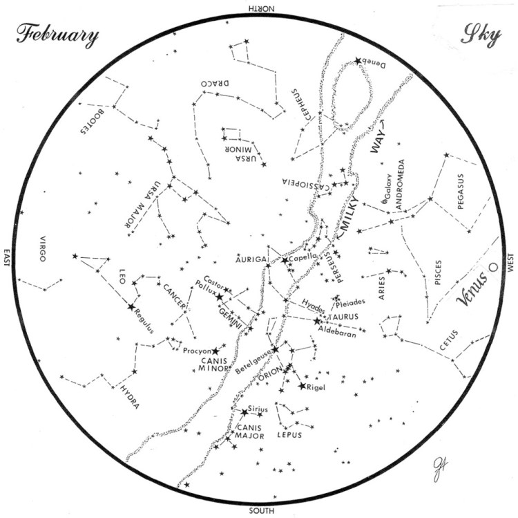 SKY GUIDE: This chart represents the sky as it appears over Maine during February.  The stars are shown as they appear at 9:30 p.m. early in the month, at 8:30 p.m. at midmonth and at 7:30 p.m. at month’s end.  Venus is shown in its midmonth position.  To use the map, hold it vertically and turn it so that the direction you are facing us at the bottom.  