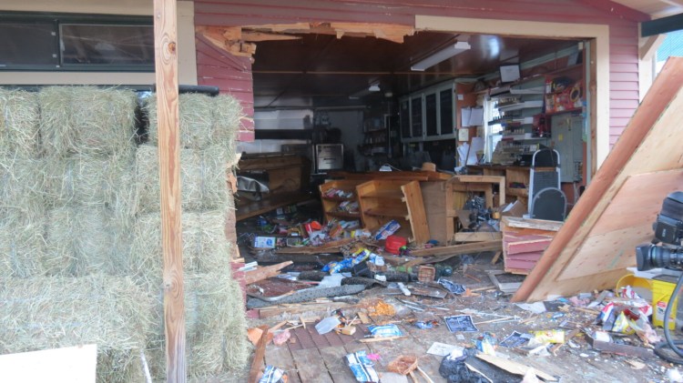 The Bolster Mills General Store in Otisfield was severely damaged Wednesday night when a pickup truck crashed through it.