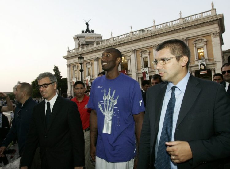 In this Sept. 29, 2011, file photo, U.S. basketball player Kobe Bryant arrives at the Campidoglio, or capitol hill, in Rome, Italy. In Europe where Bryant grew up, the retired NBA star is being remembered for his "Italian qualities." 