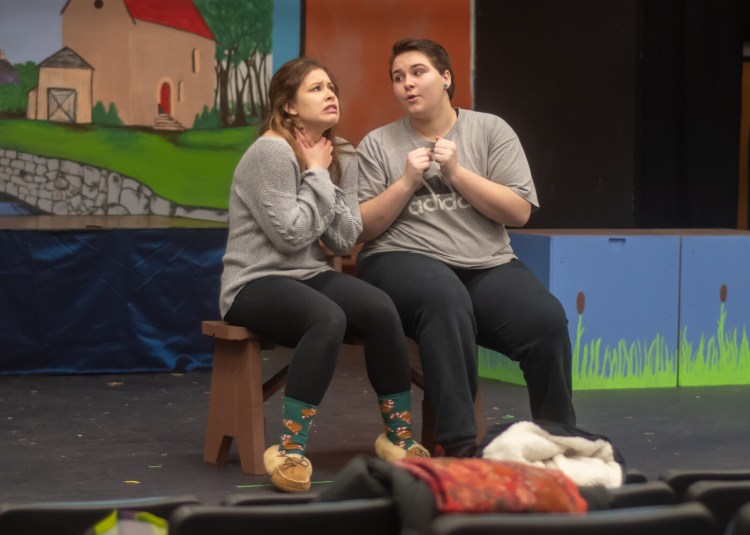 Grace Woodard, left, as "Ugly" and Arianna Johnson as "Ida" during a rehearsal for Oak Hill High School Drama Club's production "HONK!" 