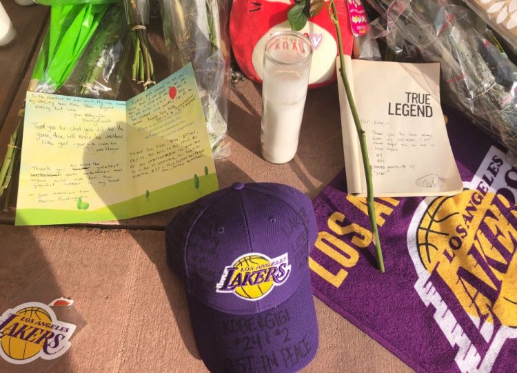 A memorial to Kobe Bryant, his daughter and seven others at the Mamba Sports Academy in Thousand Oaks, Calif., is seen Monday morning.