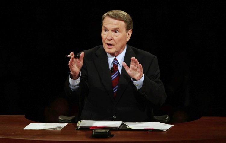 Debate moderator Jim Lehrer during the first U.S. presidential debate between presidential nominees Sen. John McCain, R-Ariz., and Sen. Barack Obama, D-Ill., on  Sept. 26, 2008, at the University of Mississippi in Oxford, Miss.  