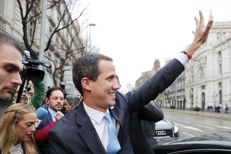 The leader of Venezuela's political opposition Juan Guaidó visits Madrid on Jan. 25. Guaidó defied a travel ban, spiriting out of Venezuela into Colombia. Over the past two weeks, he met with heads of state, including Colombian President Iván Duque, British Prime Minister Boris Johnson and French President Emmanuel Macron.