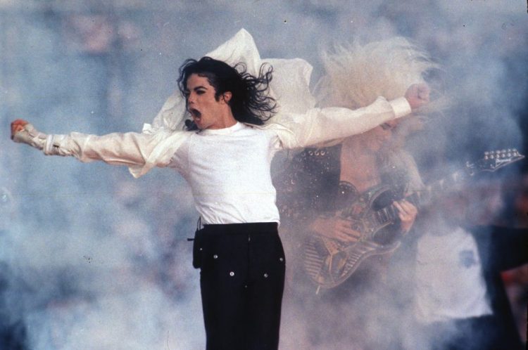 Michael Jackson performs during the halftime show in 1993 at the Super Bowl in Pasadena, Calif. 
