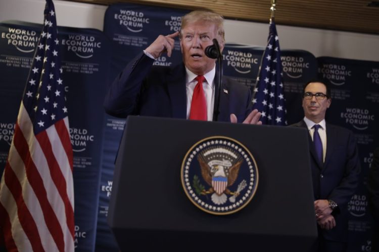 US President Donald Trump speaks during a news conference at the World Economic Forum in Davos, Switzerland, Wednesday, Jan. 22, 2020. 