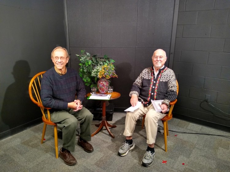 Host Rob Lively, left, interviews Tony Perry, author of "State of Maine. State of Mind. Upcountry Humor and Stories," at a taping of "Telling Tales: Western Maine's Storyplace" by Mt. Blue TV. 